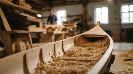 wooden canoe being carved in workshop, showcasing craftsmanship and attention to detail. Shavings of wood are scattered inside canoe, highlighting process of creation