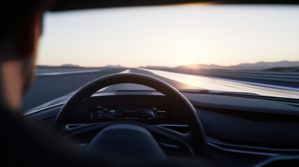 Driving concept car on reflective track at dusk, showcasing sleek interior and stunning sunset view. scene captures thrill of innovation and speed