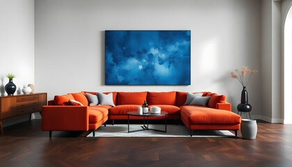 big size orange sofa  in guest room and painting on wall wallpaper