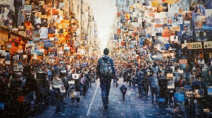 Obraz premium A lone figure walks down a city street amidst a collage of images and people, representing the overwhelming nature of modern life and information overload.