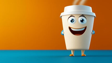 Joyful Coffee Cup Cartoon Character, 3D Render Orange Background