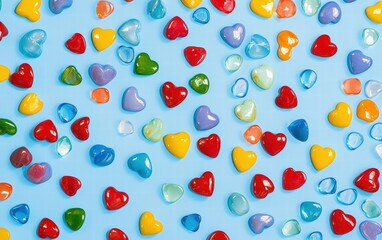 Colorful candy hearts scattered randomly on a light blue background for valentines day