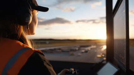 woman in safety vest monitors airport operations from control tower at sunset, showcasing her focus and dedication to aviation safety