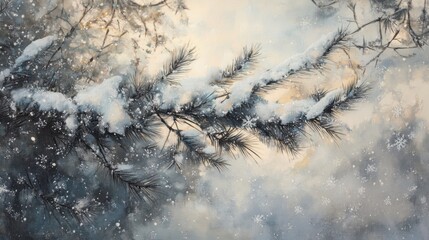 Snow-covered evergreen branch, with snowflakes softly