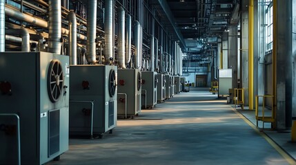Naklejka premium Industrial facility interior with HVAC units and piping.