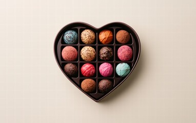 Heart-shaped chocolate box filled with assorted colorful truffles on a cream-colored background for valentines day