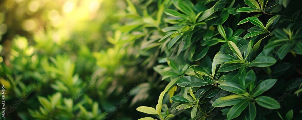 Aufkleber sunlight filtering through lush green foliage creating a vibrant natural backdrop