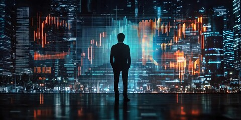 Professional Standing in Front of a Digital Stock Chart Overlayed on a Cityscape