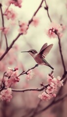 Fototapeta premium Hummingbird in Flight amidst Delicate Cherry Blossoms Breathtaking Moment of Nature s Beauty