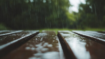 Rain falls gently on wooden surface, creating serene atmosphere. droplets create ripples, enhancing tranquil mood of natural setting
