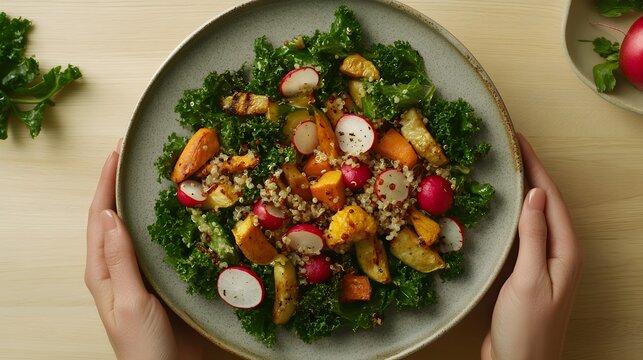 A healthy quinoa salad with roasted vegetables and kale