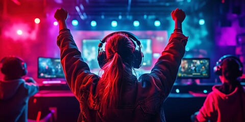 Back View of a Gamer in a Neon-Lit Esports Studio Celebrating a Victory
