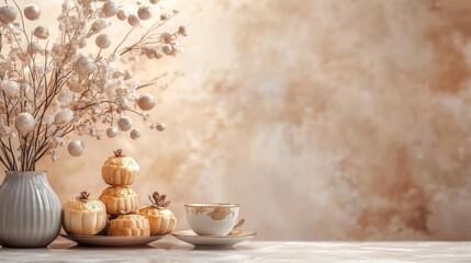 Golden Mooncakes Teacup Elegant Autumnal Still Life