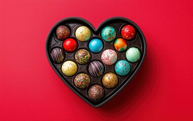 Heart-shaped chocolate box filled with assorted colorful truffles on a bright red background for valentines day