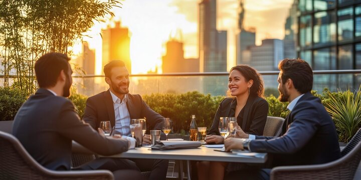 Group of Business Professionals in Formal Attire Having a Meeting at a Rooftop Cafe