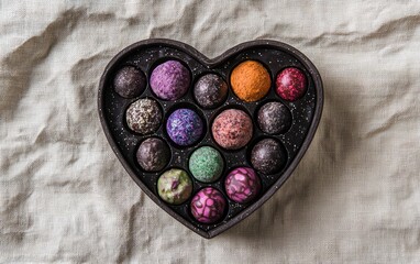 Heart-shaped chocolate box filled with assorted colorful truffles on a textured linen background in light beige for valentines day
