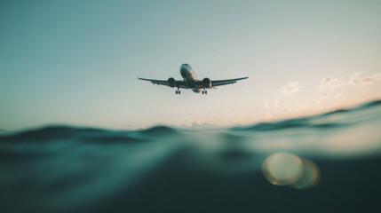 plane flying low over water during sunset, creating serene atmosphere. reflection on water adds to...