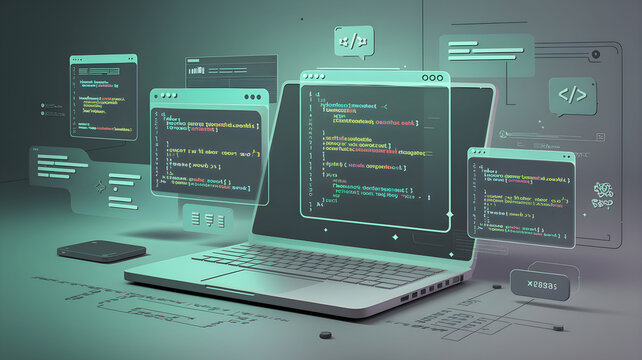 Modern Laptop with Coding Interface and Programming Elements Displayed