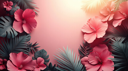 Obraz premium Hibiscus-like Flowers and Palm Fronds, Vibrant Tropical Digital Illustration, for Travel Ads, Lifestyle Branding, Event Invitations