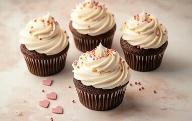 Miniature cupcakes with heart-shaped sprinkles on a soft cream background for valentines day