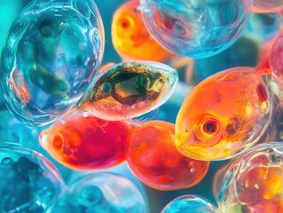 Colorful fish embryos suspended in translucent jelly, showcasing vivid hues and intricate details in a captivating underwater scene.