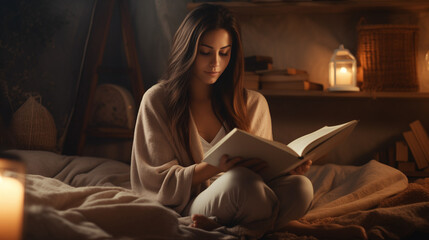 Fototapeta premium A person sitting cross-legged on the floor, reading a book with a warm blanket and pillows, soft lighting, a calm and cozy corner for self-improvement