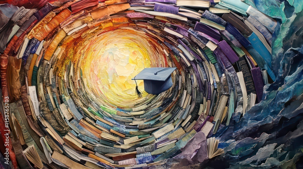 Aufkleber graduation cap floats in a vortex of colorful books, symbolizing knowledge and education.