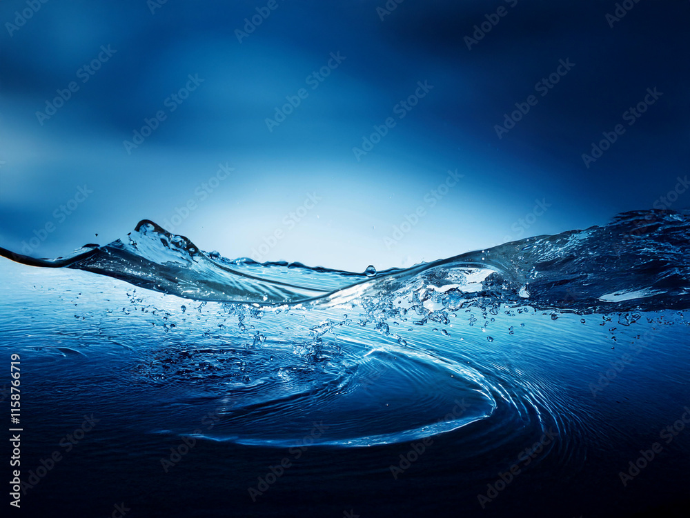 Fototapete dynamic underwater scene. rippling water surface with air bubbles and a central splash. deep blue hu