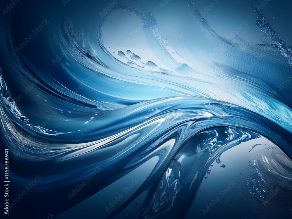 Poster Abstract swirling blue liquid, reminiscent of water or paint, creating dynamic waves and textures with highlights and shadows.  The image evokes a sense of fluidity and motion.