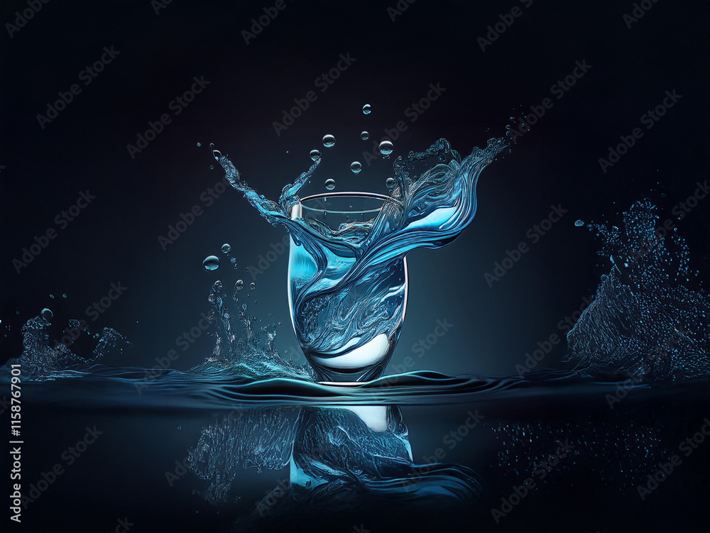 Poster a glass of water, illuminated from below, shows a dynamic splash. the water is a vibrant blue, contr