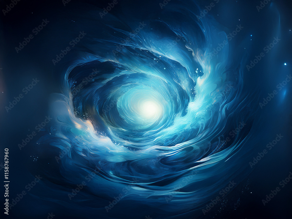 Poster a swirling vortex of luminous blue energy, resembling a celestial whirlpool or nebula, emanates a so