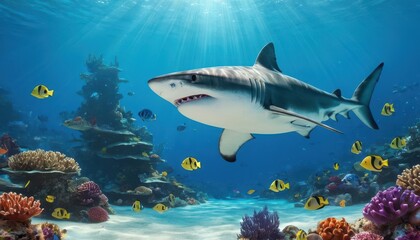 Naklejka premium An elegant shark gliding through a thriving underwater reef, its sleek silhouette illuminated by sun rays amidst a vibrant marine ecosystem