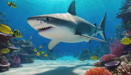 A close-up of a shark in a coral reef teeming with life, featuring vivid tropical fish, colorful corals, and sparkling sunlight filtering through the water