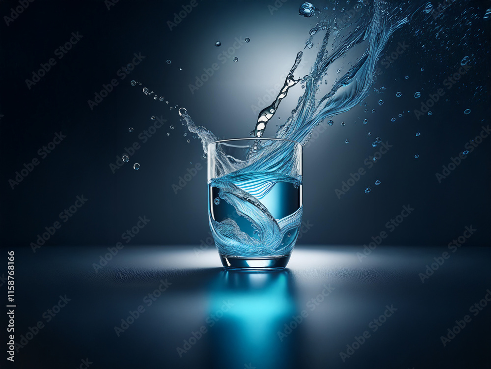 Aufkleber A glass of water with a dynamic splash, illuminated against a dark background. The water's movement is captured in sharp detail, showcasing its fluidity and transparency.
