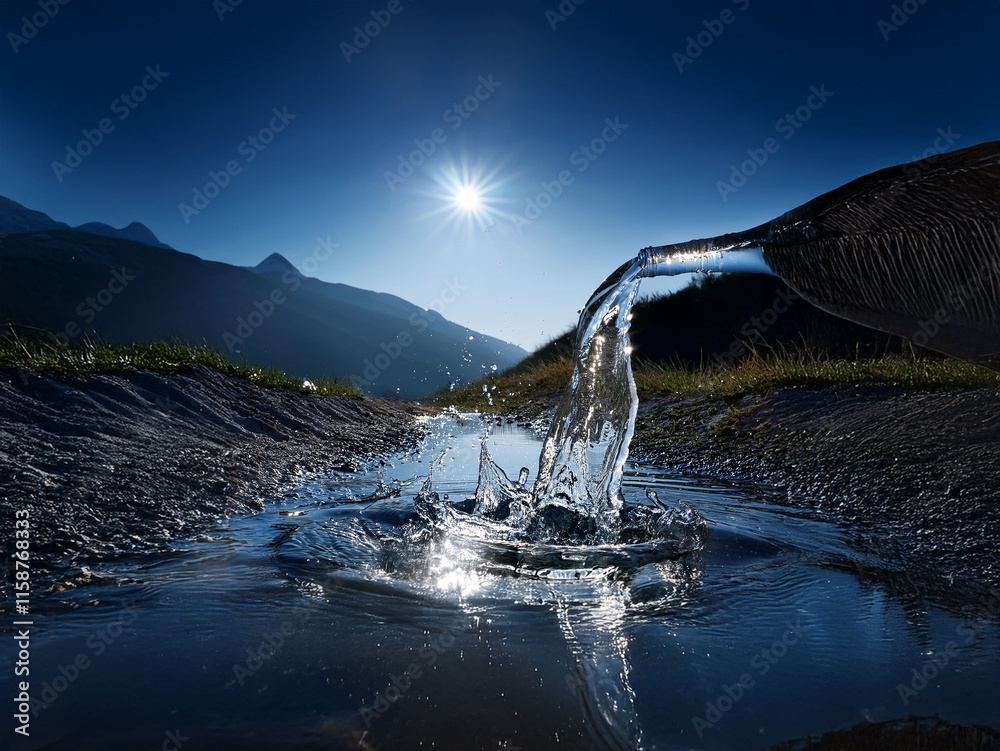 Poster Pure water flows from a source, cascading into a small pool. The sun shines brightly in a clear blue sky, illuminating the mountains in the background.  A serene and pristine natural scene.