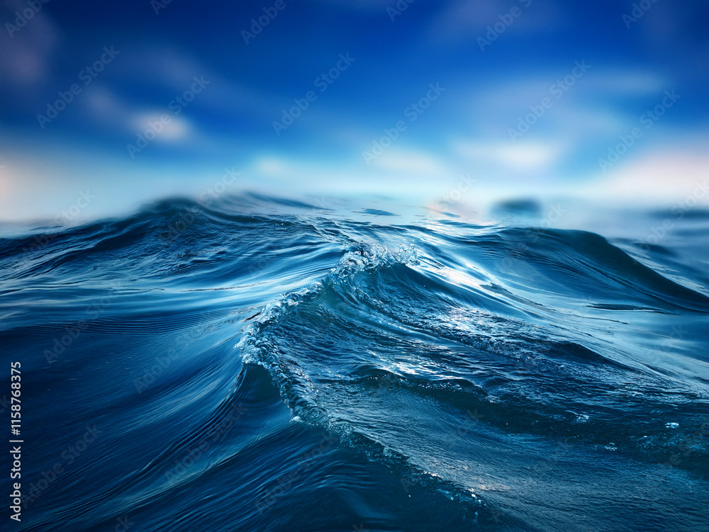 Poster deep blue ocean waves rolling under a vibrant sky. sunlight glints on the water's surface, creating 