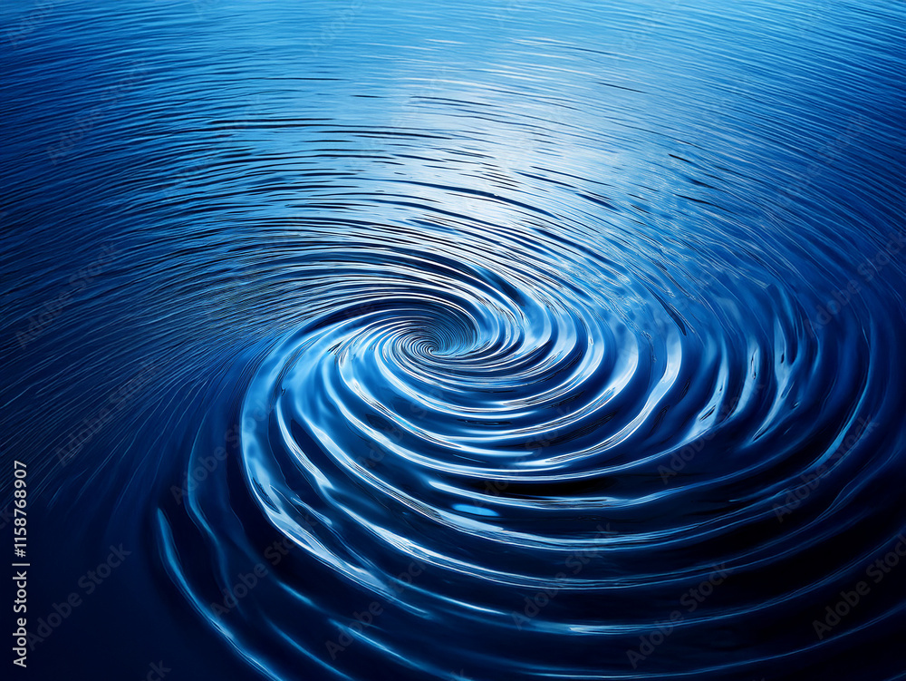 Poster a mesmerizing whirlpool of deep blue water spirals into a dark center, creating a captivating vortex