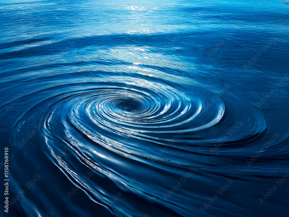 Poster a mesmerizing whirlpool in deep blue water, sunlight glints on the swirling surface, creating a capt