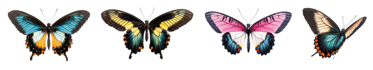 Fototapeta premium Set of four tropical butterflies featuring vibrant colors and detailed wing patterns, isolated on a white background for clarity