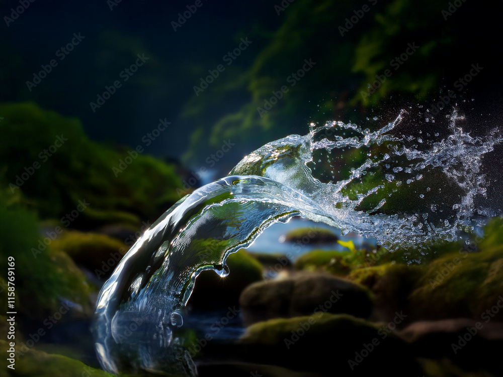 Poster A pristine cascade of water arcs over moss-covered rocks, splashing into a clear stream. Sunlight filters through the lush green foliage creating a vibrant contrast.