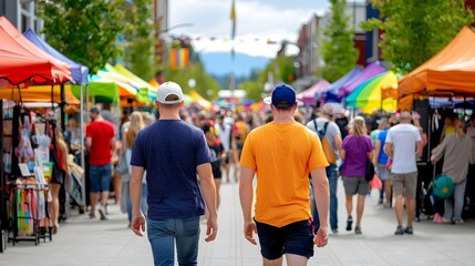Two Men Strolling Through Colorful Market with Festive Tents