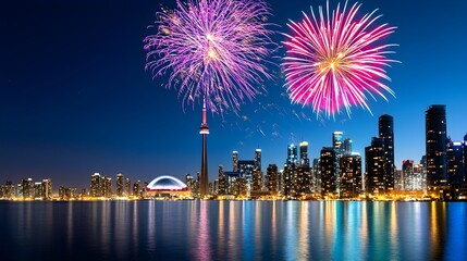 Colorful Fireworks Display Over Toronto Skyline at Night