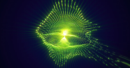 Abstract green light patterns forming a glowing silhouette, representing technology, data flow, and futuristic themes