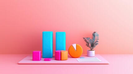 A photostock of 3D bar graphs and pie charts on a desk, ideal for financial data and business presentations