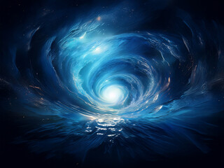 A swirling vortex of luminous blue clouds forms a celestial tunnel leading to a bright, distant light.  Cosmic dust and icy formations surround the ethereal passage.