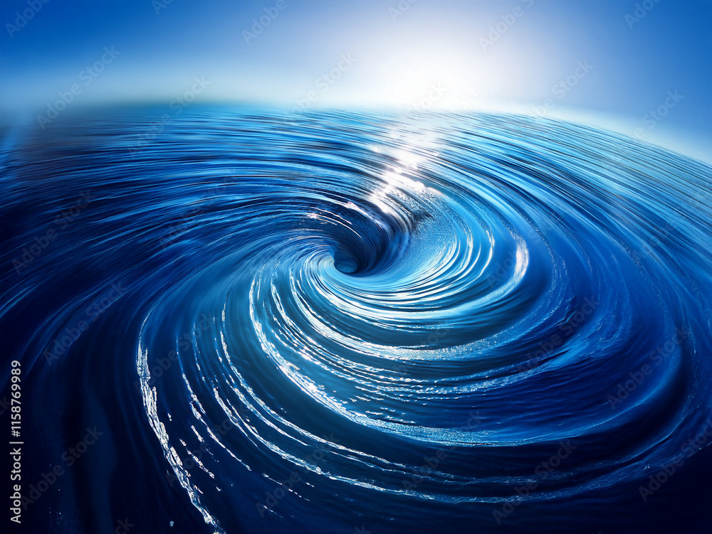 Poster a mesmerizing whirlpool in a deep blue ocean, sunlight reflecting on its swirling surface. the vorte