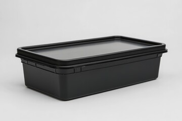 Black rectangular plastic food container with lid on white background