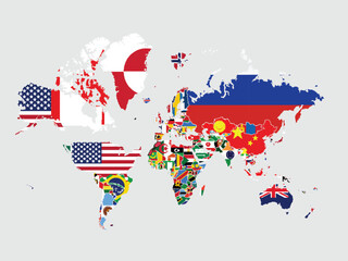 World Map Highlighting Flags of Each Country