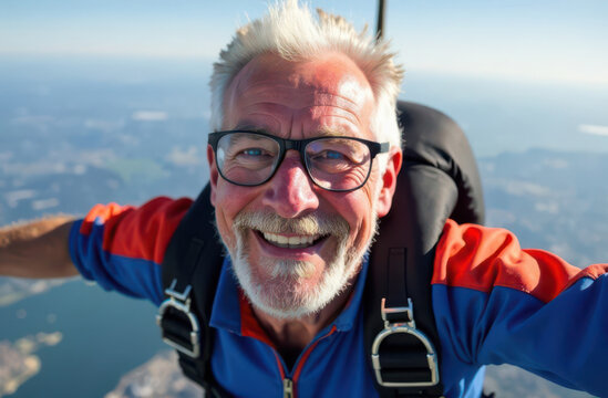Happy smiling Senior man with gray hair is jumping out of a plane. Tandem skydiving. Skydive tandem selfie.