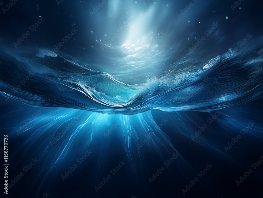 Poster a mesmerizing underwater scene. sunlight penetrates the deep ocean, illuminating waves and creating 